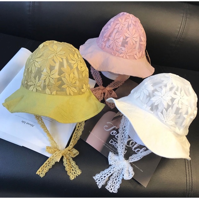 Mũ vải bé gái ren thêu hoạ tiết MS 02 (có video)