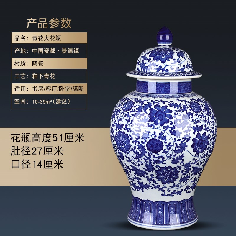 Đồ Sứ gốm jingdezhen trang trí lớn Sứ xanh hoa tướng quân bình hoa kiểu Trung Quốc nhà giả cổ phòng khách