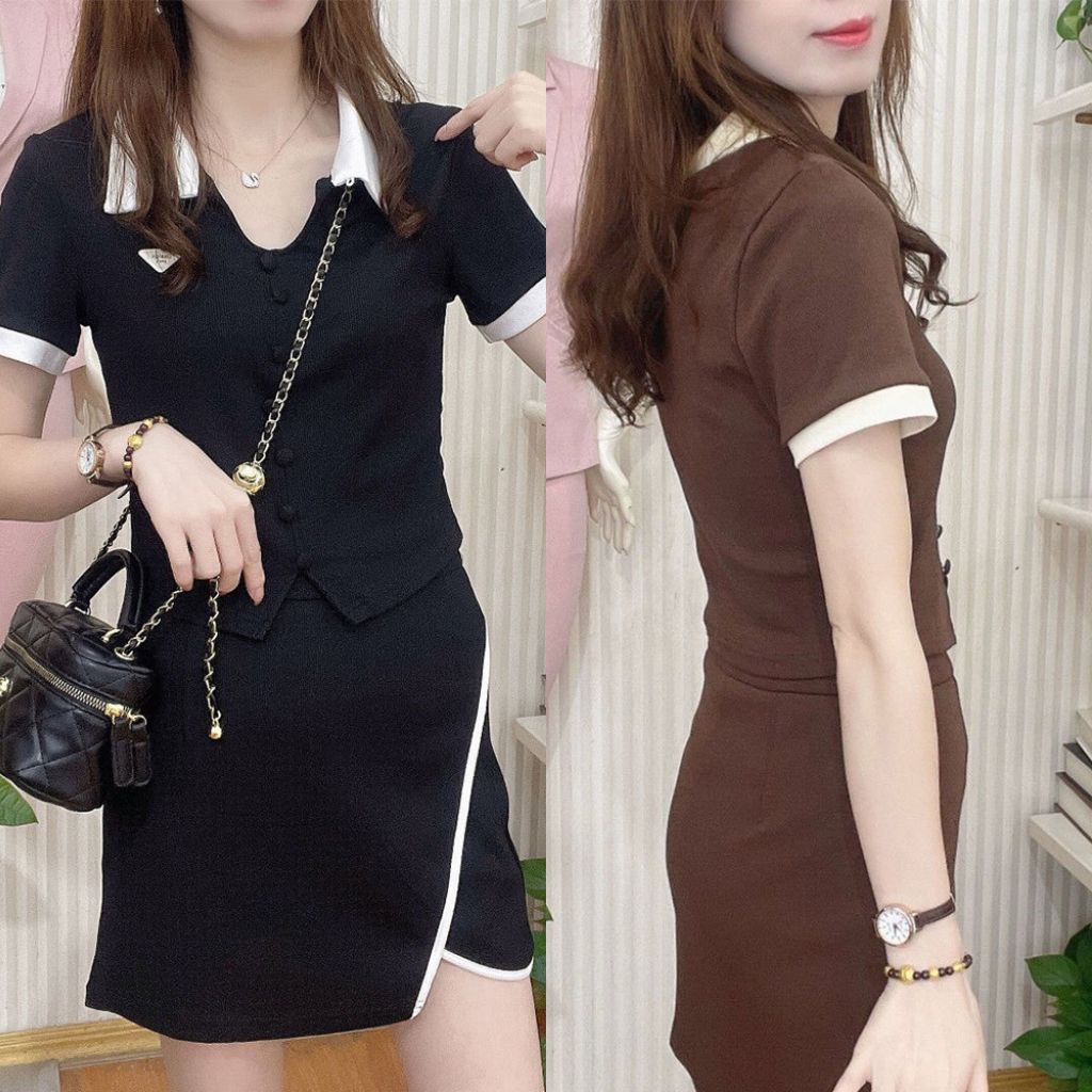 Sét Bộ Áo Chân Váy Kann Model Vải Xleo Hai Màu Nâu Đen Tôn Dáng Công Sở Đi Làm Đi Chơi B91