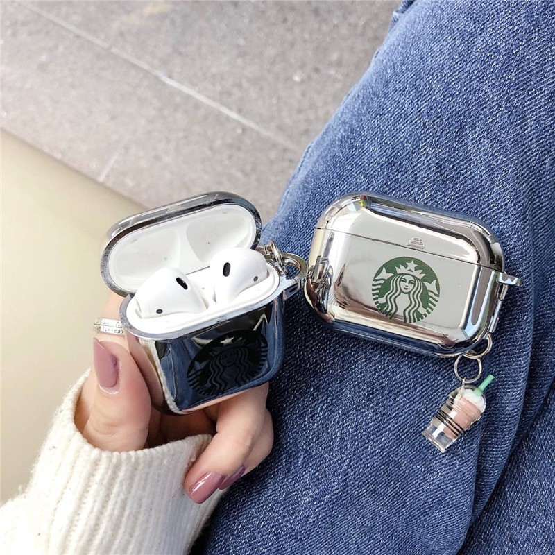 Vỏ bảo vệ hộp sạc tai nghe bằng TPU mạ điện mềm họa tiết Starbucks kèm mặt dây cho AirPods Pro AirPods 1 AirPods 2