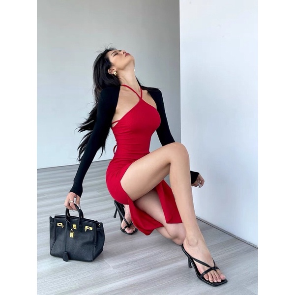 Set đầm ôm body cổ yếm cột dây + áo khoác croptop tay dài nhiều màu hot hit