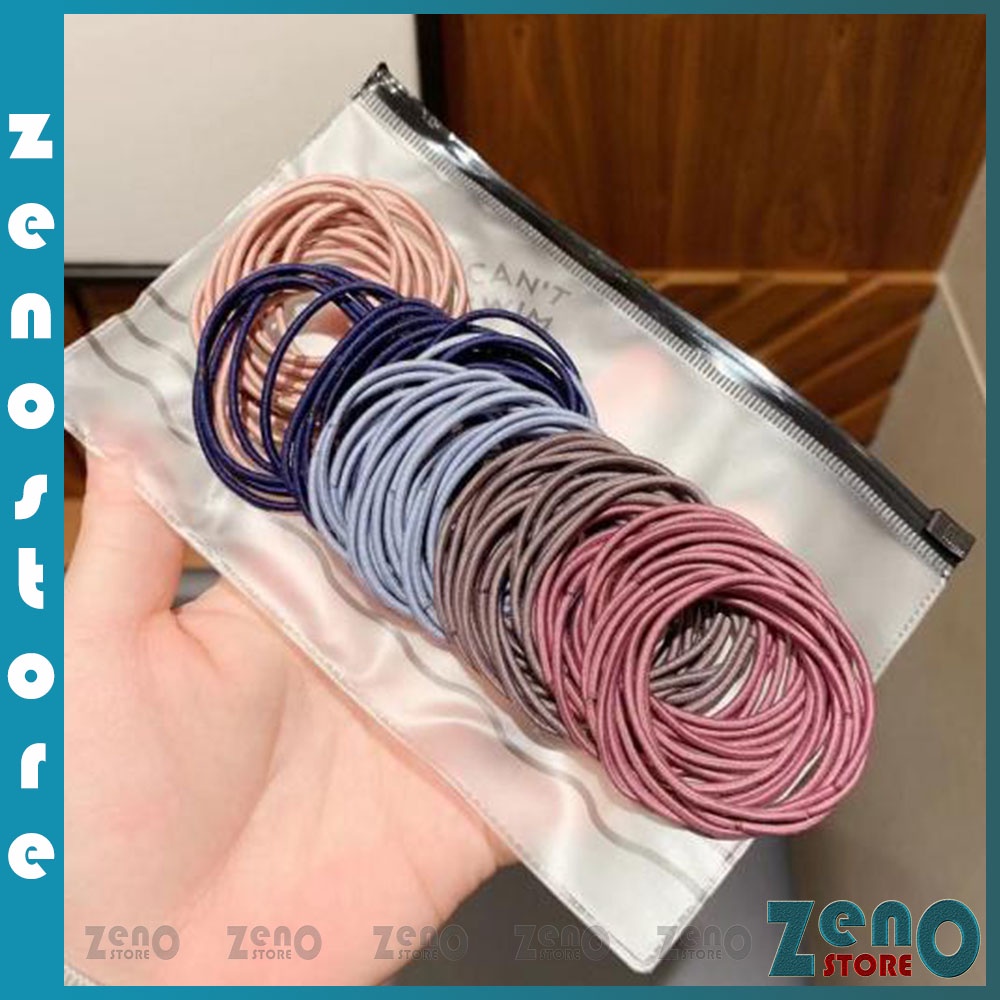 Set 100 dây buộc tóc nhiều màu, dây thun buộc tóc đàn hồi đựng trong túi zip PT01