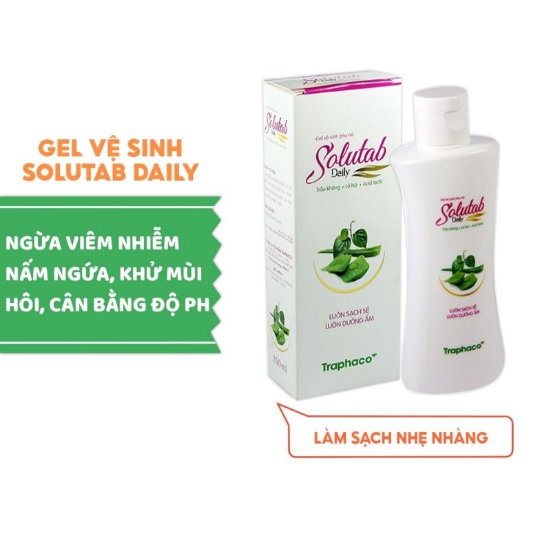 Gel vệ sinh phụ nữ SOLUTAB Daily của TRAPHACO, với Trầu không, Lô hội, Acid Lactic