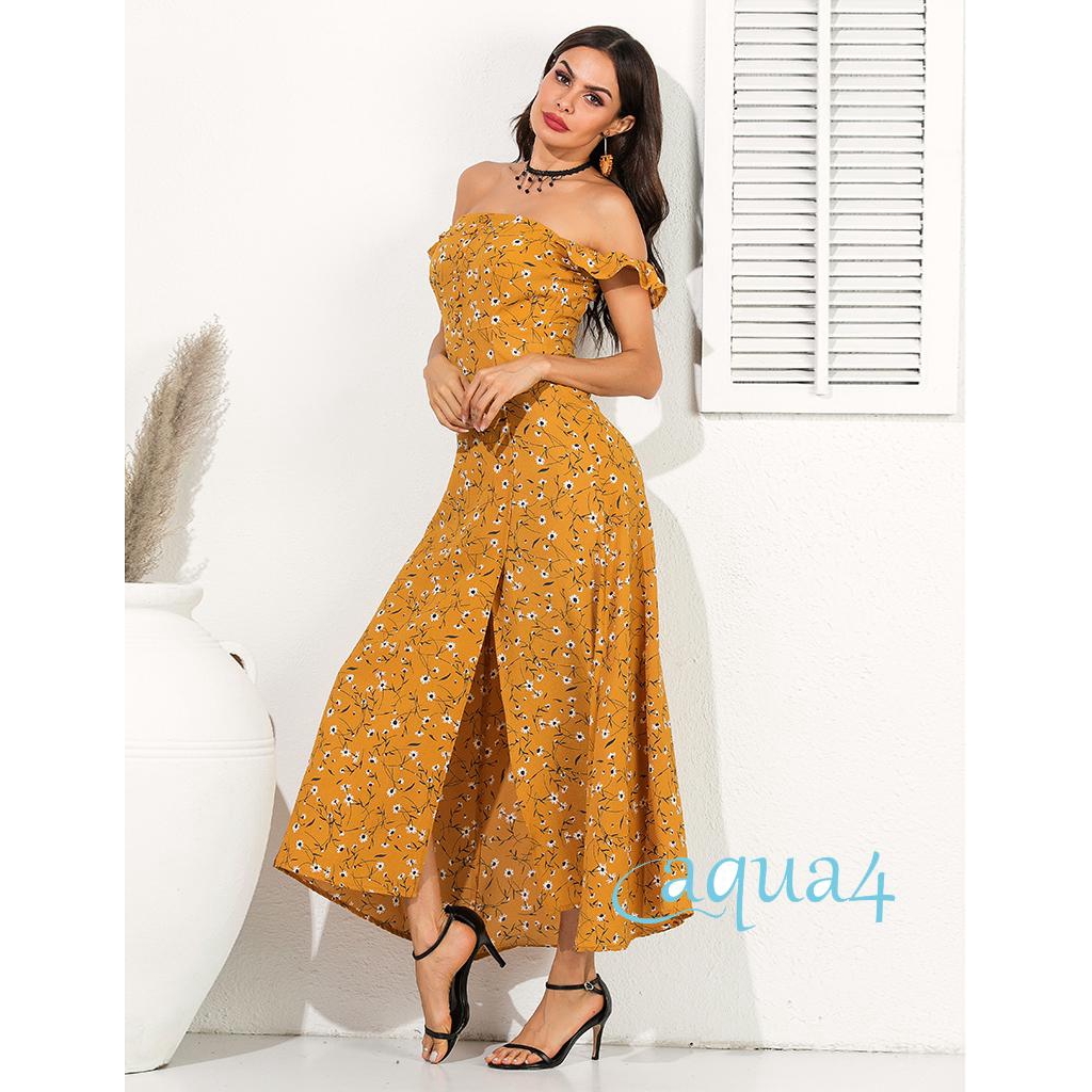 Đầm Maxi trễ vai in hoa