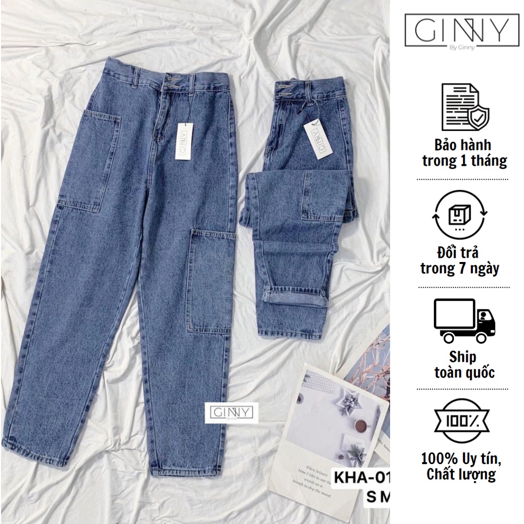 Quần Baggy Nữ Jean Hack Chân KHA-017 | 9 Tấc Cạp Cao | Vải Jean Wash Xịn | GINNY.VN