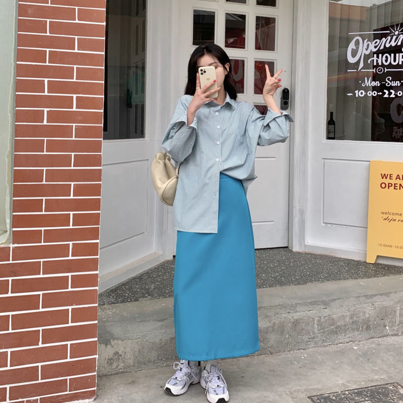 Spot  summer  western style  split ends  high waist  drape  skirt + blue  stripes  shirt | BigBuy360 - bigbuy360.vn