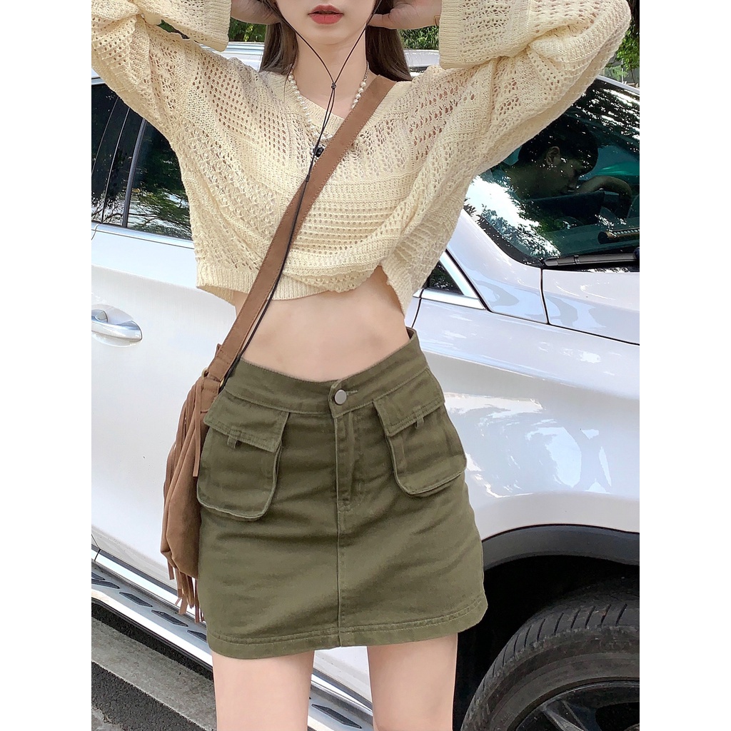 Porozi  Áo sweater  len tay dài/ Chân váy jean lưng cao thời trang nữ tính