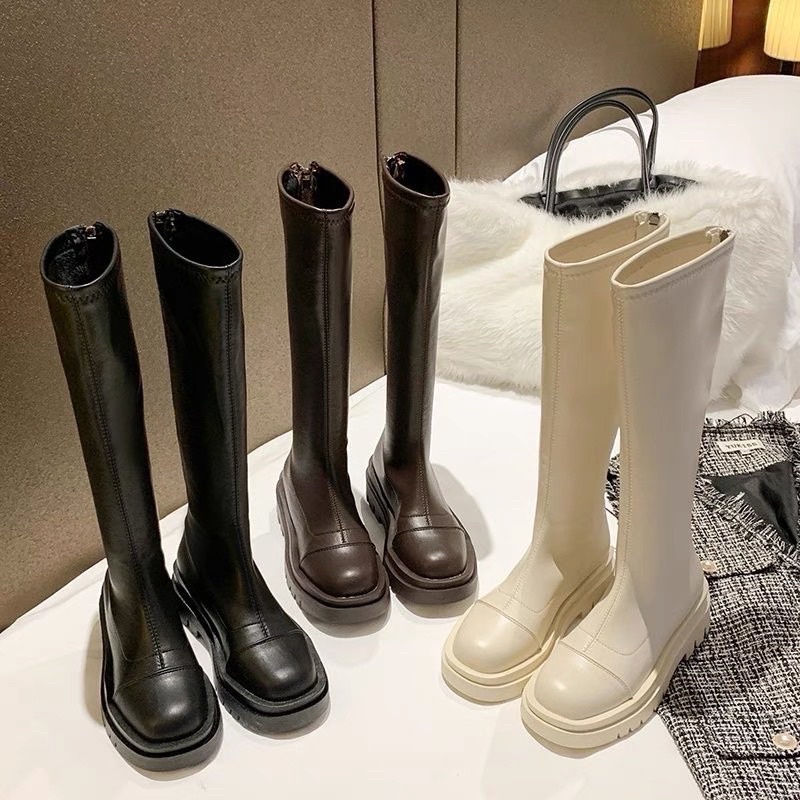 Giày Bốt Đùi Boot Nữ Boots Ulzzang Không Dây Vân Ngang Dáng Ủng Đế Răng Cưa