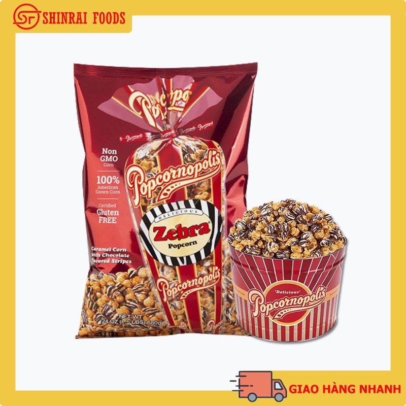 Bắp rang Popcornopolis Zebra Mỹ- mix caramel&amp; chocolate- 680g