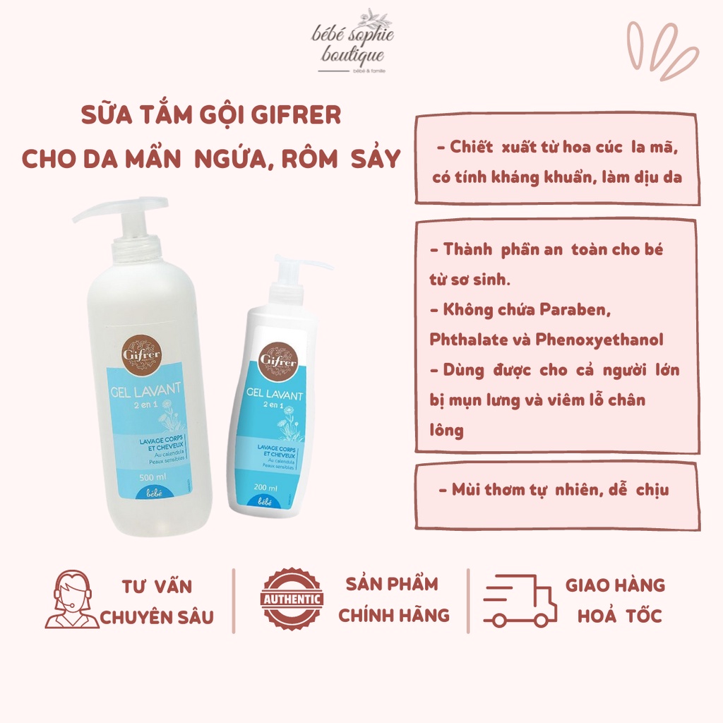 Sữa tắm gội 2in1 cho bé mẩn ngứa, rôm sảy, da nhạy cảm - GIFRER PHÁP 500ML