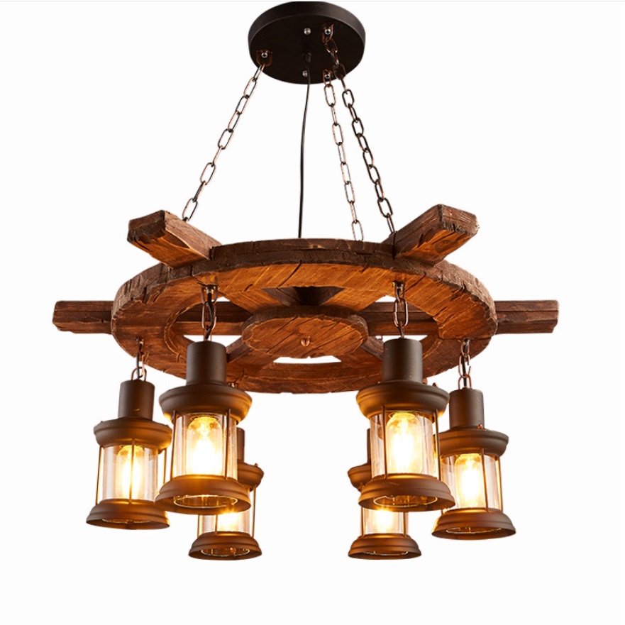 Đèn chùm gỗ thả trần decor vintage trang trí nhà hàng, quán bar phong cách cổ điển hình bánh lái tàu thuỷ