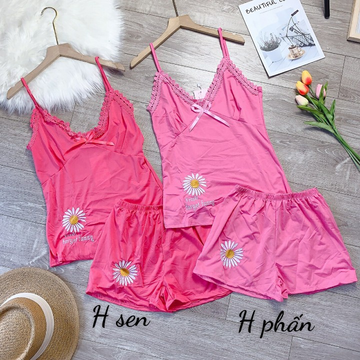 Set đồ bộ nữ đẹp, đồ bộ nữ ngủ, đồ bộ nữ mặc nhà, áo 2 dây quần thun ngắn thêu hoa cúc  viền ren siêu xinh (ảnh thật)