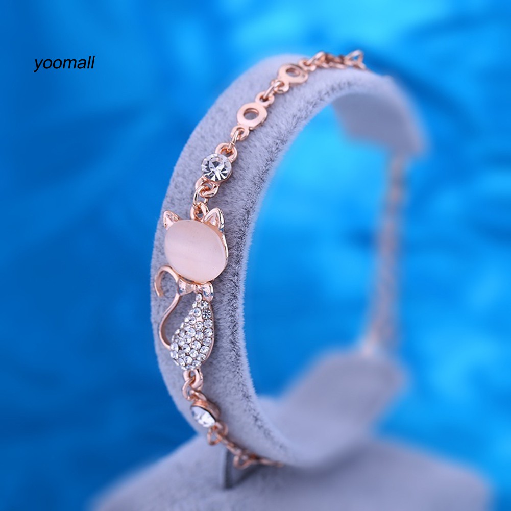 Vòng Tay Nữ Mặt Hình Mèo Đính Đá Opal Dễ Thương