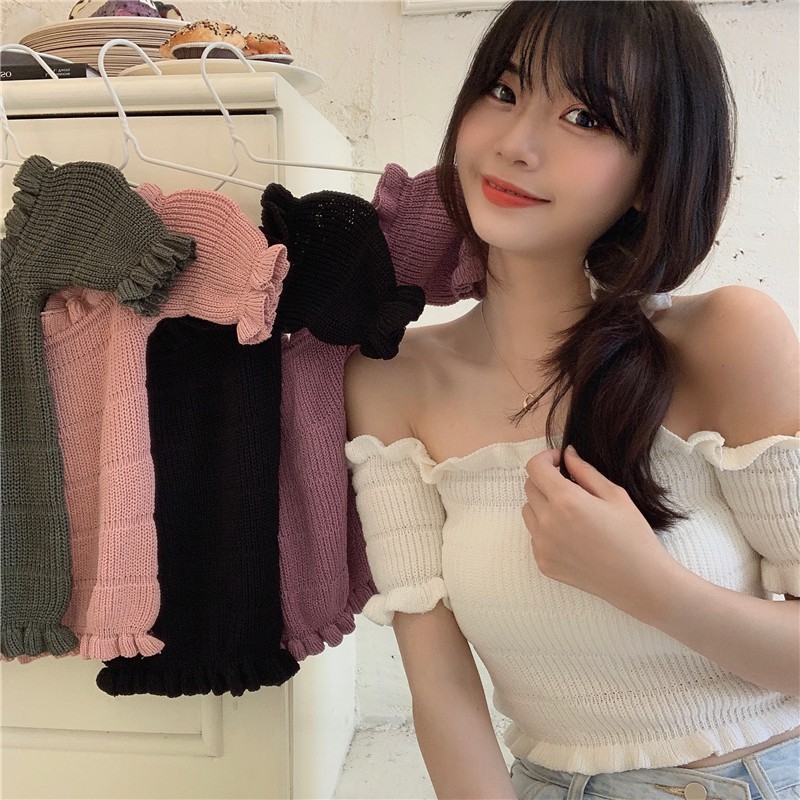 Áo Thun Dệt Kim Dáng Ôm Màu Trơn Phong Cách Hàn Quốc Cho Nữ