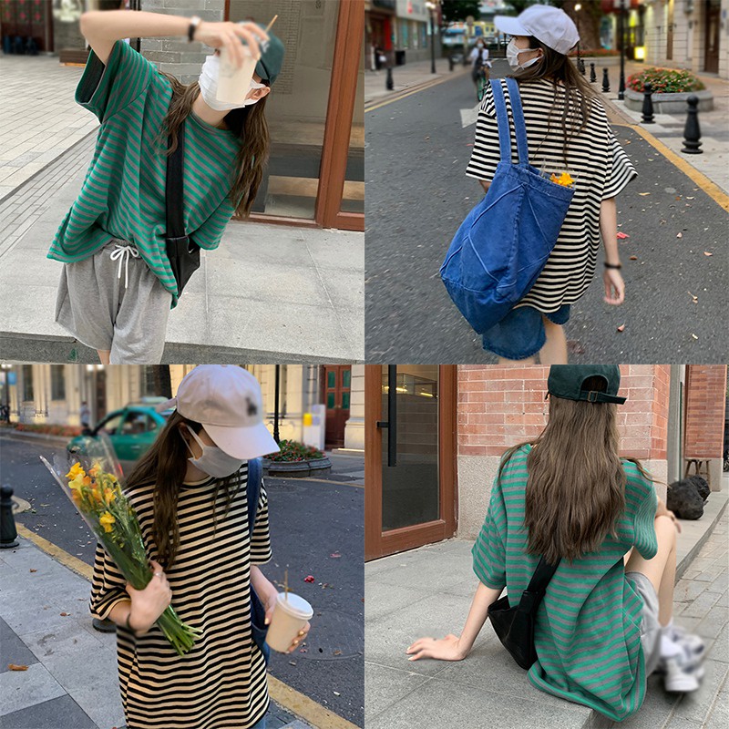 Áo Thun Tay Ngắn Dáng Rộng Họa Tiết Kẻ Sọc Phong Cách Hàn Quốc Thời Trang Mùa Hè Cho Nữ