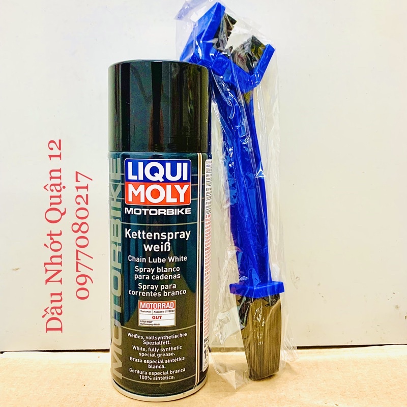 Combo Dưỡng Sên Dạng Sáp Không Văng Liqui Moly Motorbike Kettenspray - Chain Lube White - 1591 400ML Kèm Bàn Chải 3D