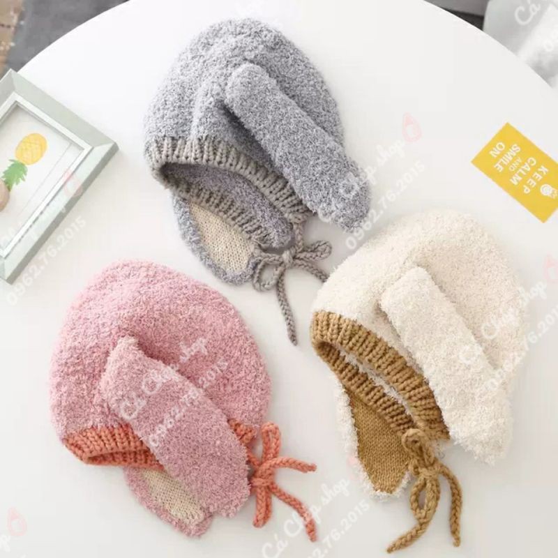 Mũ len nỉ tai thỏ siêu ấm mùa đông cho bé trai và bé gái