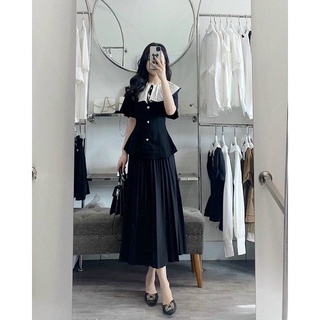 Set áo peplum nút đen cổ dập li nude kèm chân váy dập ly