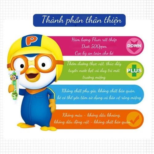 Kem đánh răng dành cho trẻ em PORORO Hàn Quốc - Thành phần tự nhiên,có thể nuốt được.