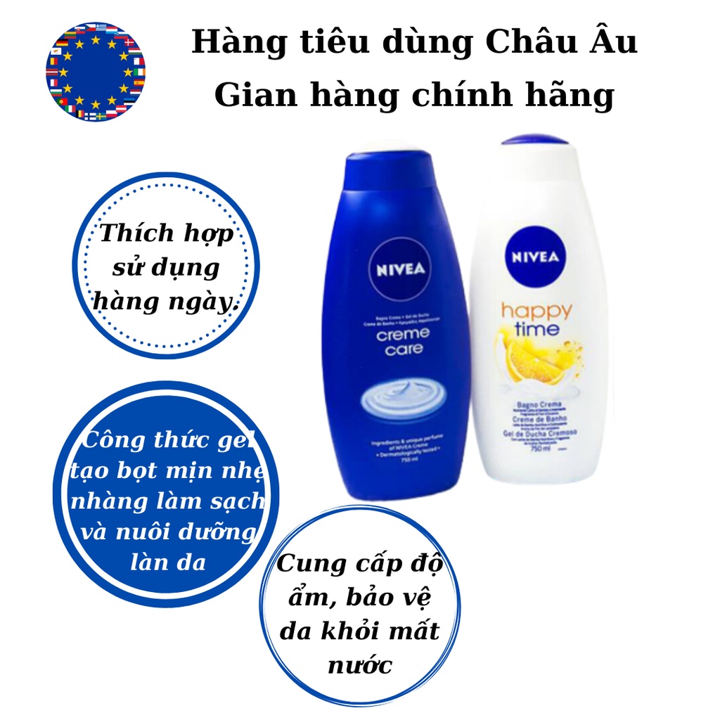Sữa Tắm Nivea hàng nội địa Đức, cấp ẩm, làm sáng, mịn da, hương thơm nhẹ nhàng, chiết xuất thiên nhiên.