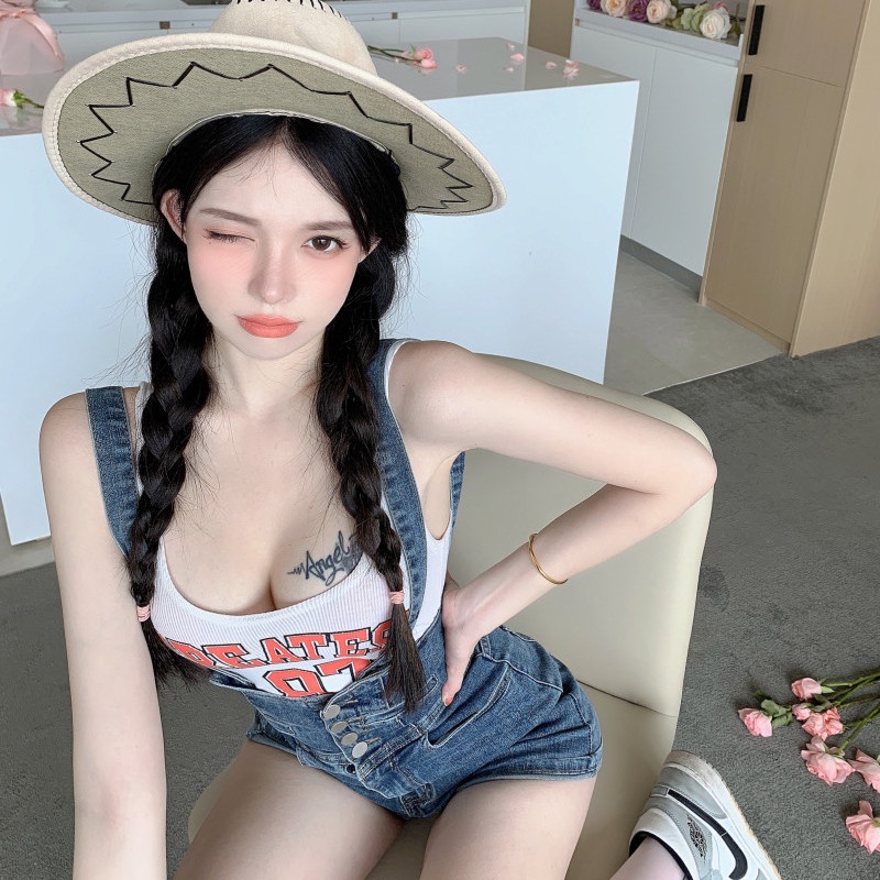 Áo liền quần denim lưng cao thiết kế đơn giản hợp thời trang