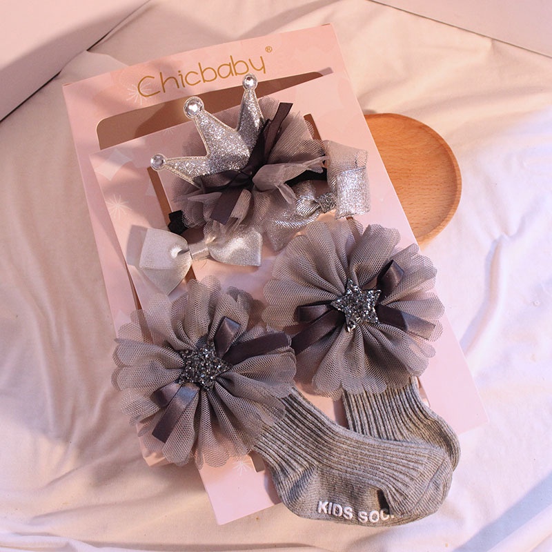 [Set Hộp Quà Tặng Đầy Tháng] Tất/vớ đính hoa + băng đô turban cho bé gái (0-1 tuổi) phong cách Hàn Quốc