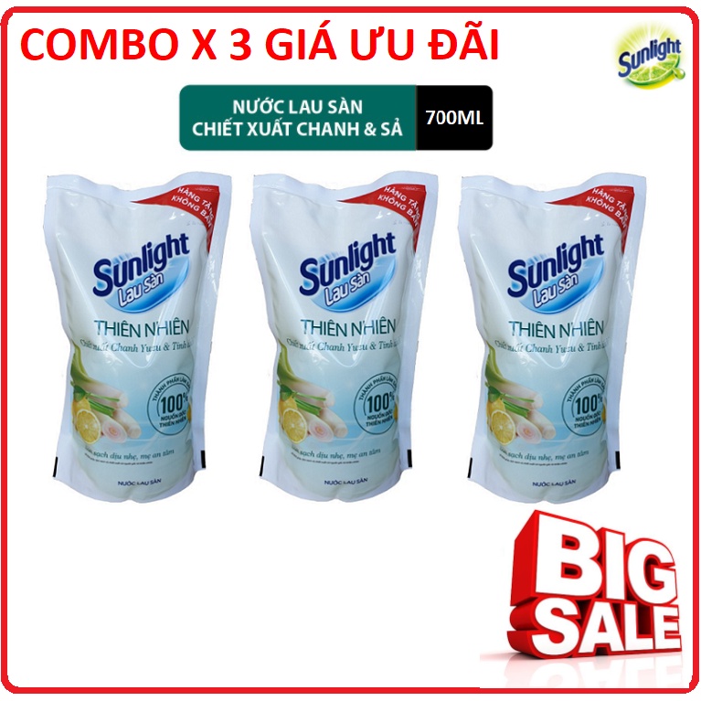 Combo 3 Gói Nước Lau Sàn SUNLIGHT Hương Chanh Sả Túi 700ml ( Hàng KM )