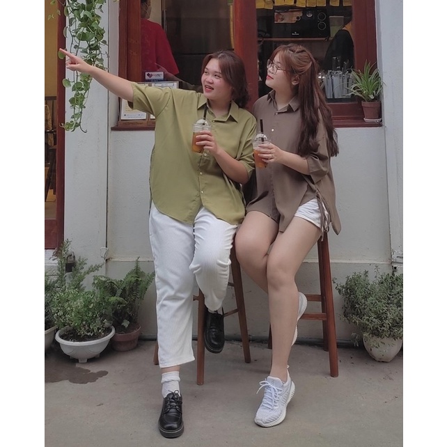 BIGSIZE-Áo sơ mi ngắn tay buộc nơ hông form rộng xinh xắn
