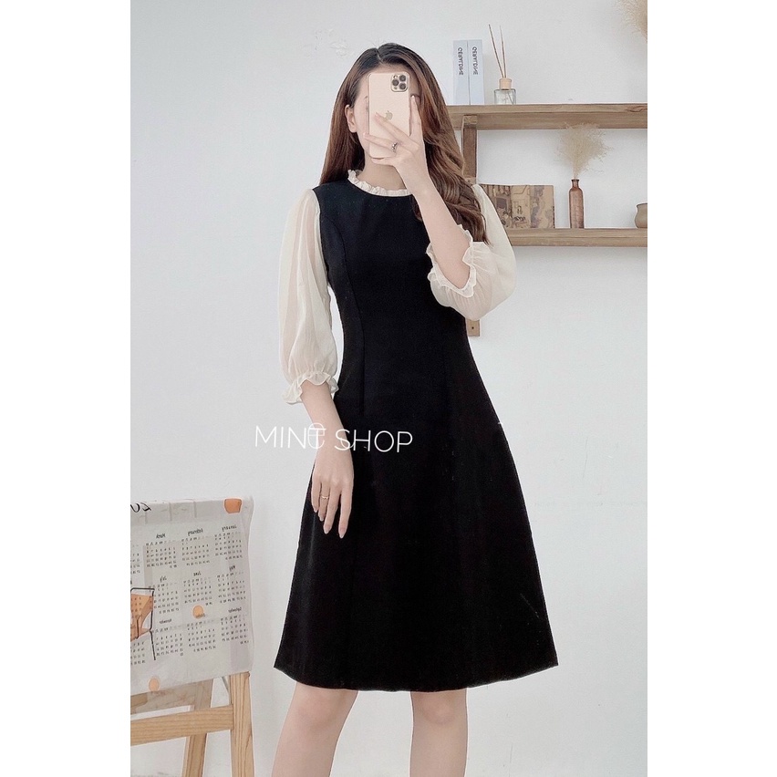 [ẢNH THÂT] Váy đầm nữ dự tiệc dáng chữ A tay voan cổ bèo phối đỏ-trăng, đen-trắng thích hợp mặc đi chơi đi tiệc | BigBuy360 - bigbuy360.vn