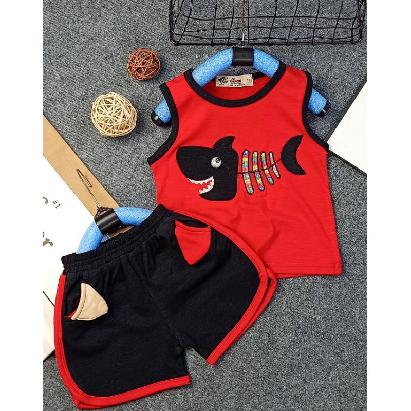 Bộ thun cotton bé trai thêu cá vân gỗ siêu xinh