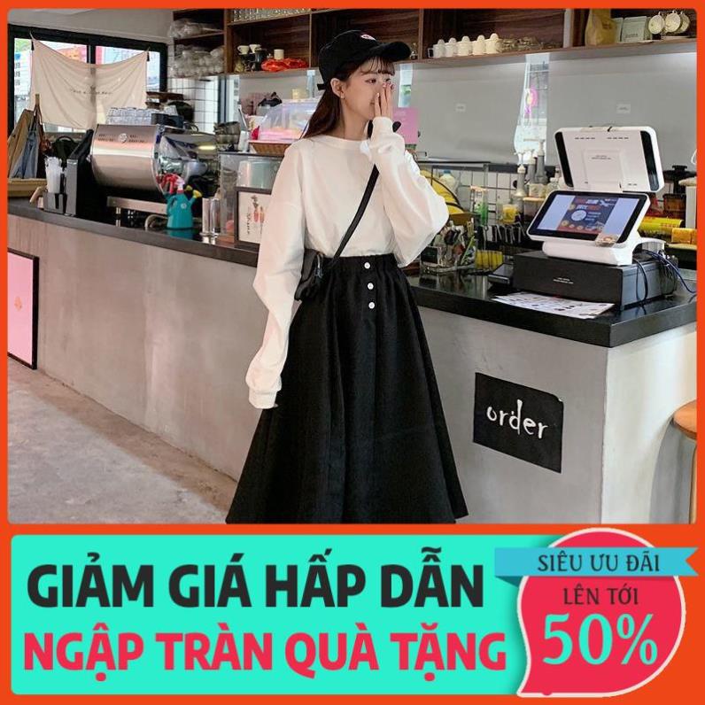 Chân váy phối khuy trắng cạp cao, chân váy dài ♥️ Chân váy ulzzang, chân váy xòe ♥️ Chân váy lưng cao - NhimShop CV11 *