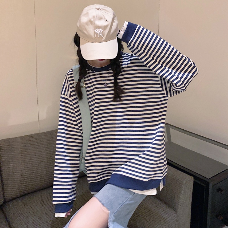 Áo thun mẫu 46582 tay dài cổ tròn kẻ sọc ngang dáng rộng thời trang có thể phối với quần short