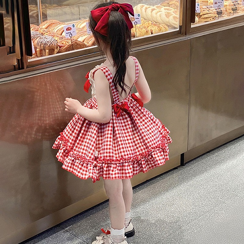 Đầm Công Chúa Lolita Xếp Ly In Họa Tiết Kẻ Ô Đính Nơ Viền Ren Dễ Thương Cho Bé Gái