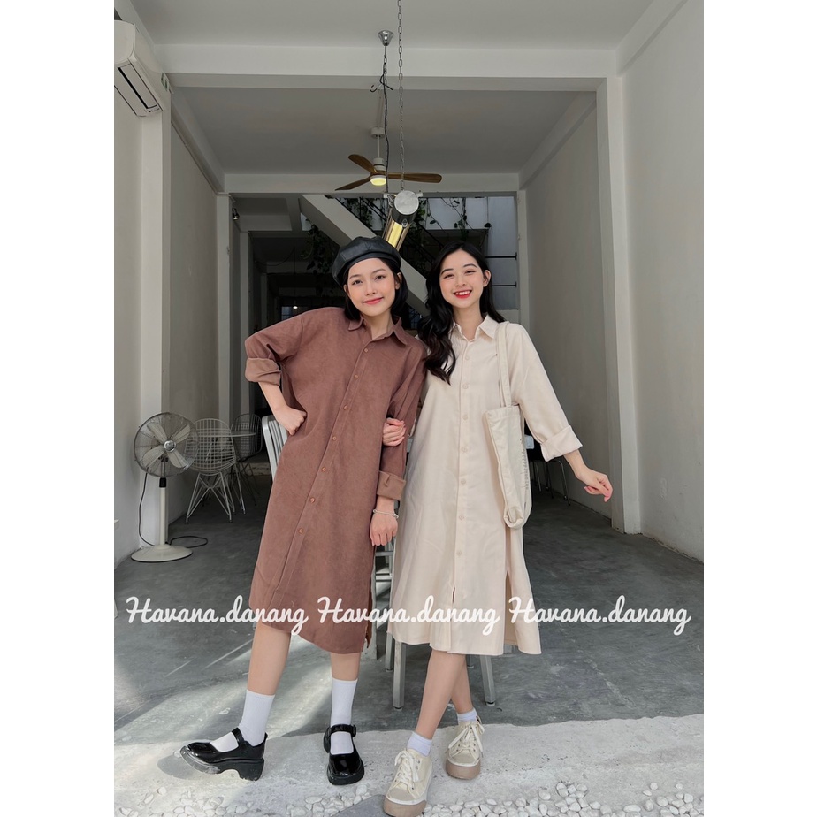 Váy nữ xinh V.094, Váy sơ mi kaki cổ đức dáng dài xẻ tà 2 màu be-nâu năng động | BigBuy360 - bigbuy360.vn
