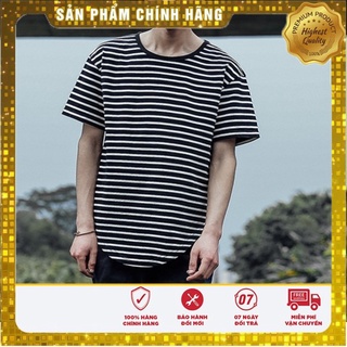 Áo thun cotton tay lỡ kẻ ngang đen