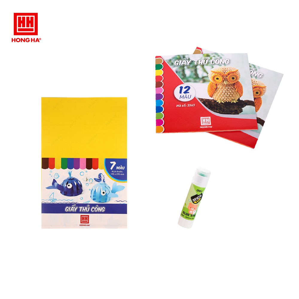 Combo giấy thủ công Hồng Hà (7 màu + 12 màu) và 1 Hồ khô E7165A (3485+3363+52210)