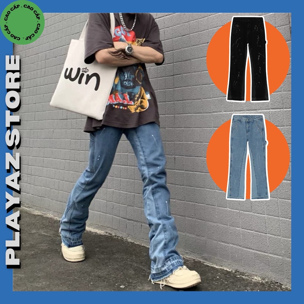 Quần Jeans Ống Loe Vẩy Sơn PLAYAZ Phong cách Vintage