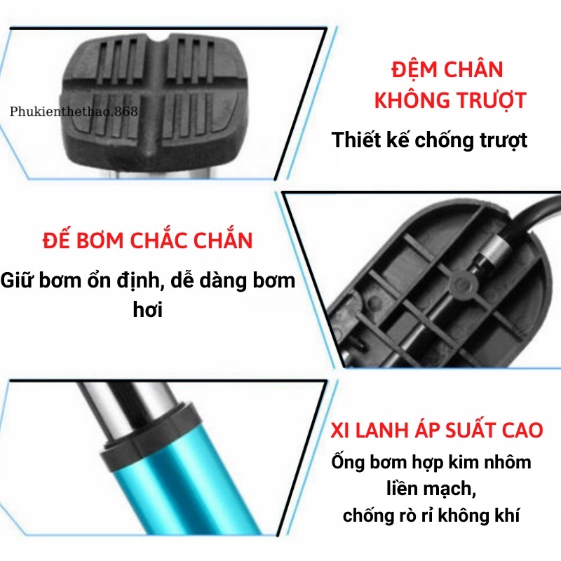 Bơm Xe Đạp Xe Máy Đạp Chân Áp Suất Cao 160Psi Có Đồng Hồ Bơm Khỏe Nhanh Đầy Hơi