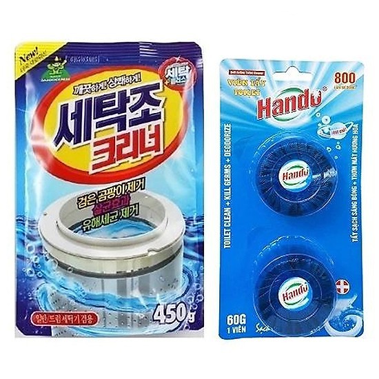 Combo Gói bột tẩy vệ sinh lồng máy giặt siêu sạch 450g Hàn Quốc + Vỉ 2 viên tẩy xanh khử mùi bồn cầu Hando
