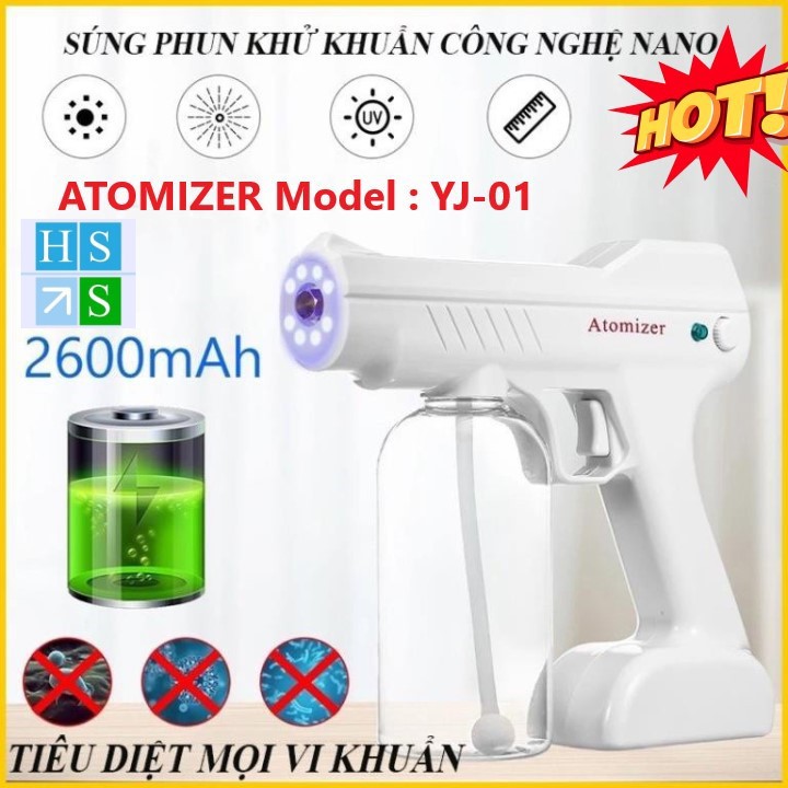 MÁY PHUN SƯƠNG SÁT KHUẨN Atomizer (Model YJ-01) súng khử khuẩn cầm tay diệt khuẩn với ánh sáng 8 tia UV dùng PIN sạc