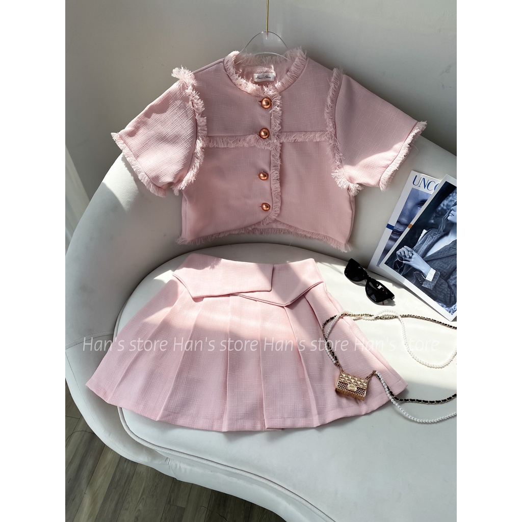 BỘ LINEN TWEED ĐÁNH VIỀN TUA RUA TIỂU THƯ (ẢNH THẬT 1OO%)