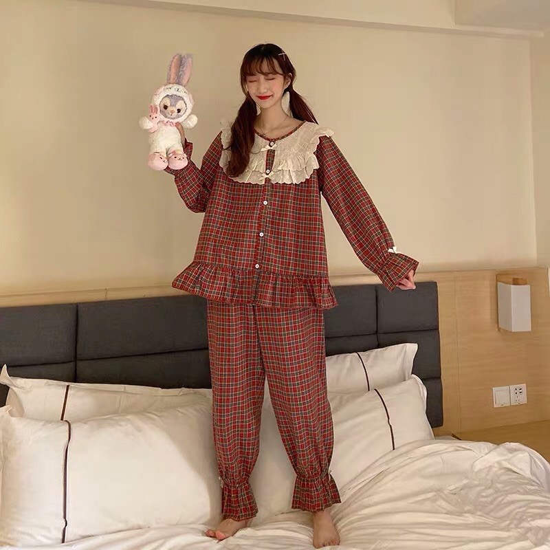 Bộ đồ ngủ pijama cổ bèo tay nhún phong cách bánh bèo ulzzang hàn quốc