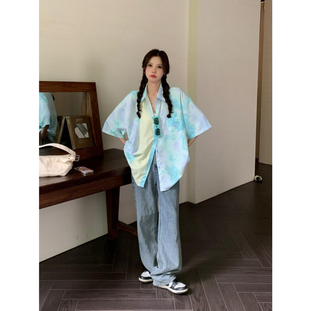 「 WELOVE1 」Áo Sơ Mi Tay Ngắn Nhuộm Màu Cổ Bẻ Thời Trang Mùa Hè Mới Dành Cho Cặp Đôi