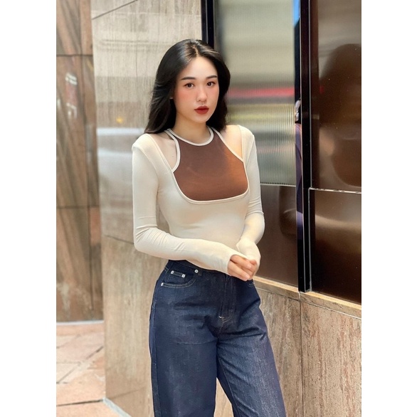 Áo Kiểu Nữ Dài Tay Vạt Bầu Áo Thun Nữ Hàn Quốc Phối Màu Hở Vai Ôm Body Sexy - 25 Store