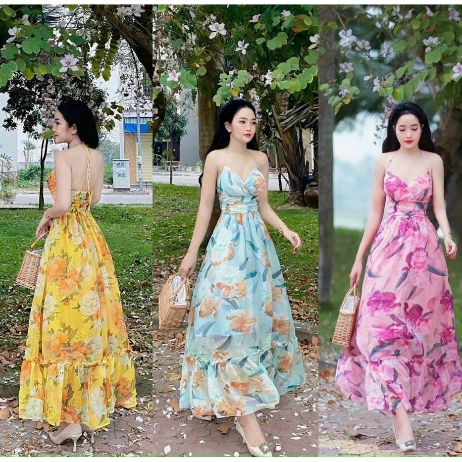 (Sale FreeShip) Đầm maxi hoa dáng dài đi biển,đầm lụa 2 lớp cột yếm cổ sau có bo chun,có mút lên from xinh xĩu