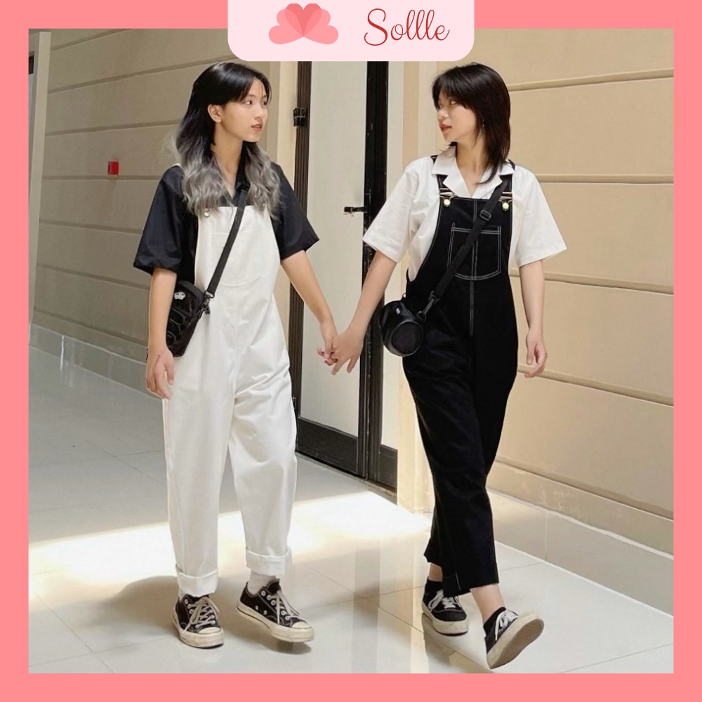 Yếm quần kaki Ulzzang viền chỉ nổi dáng suông phong cách Hàn Quốc Sollle