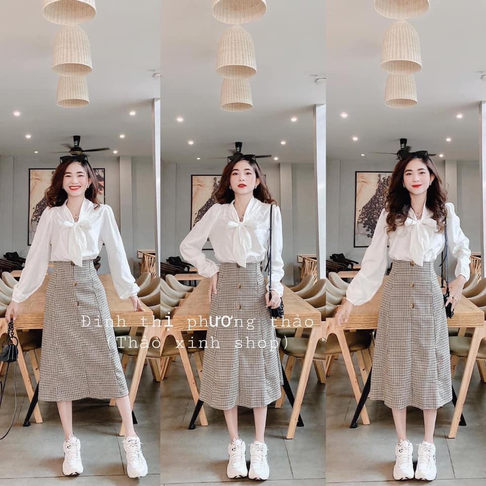 Set Áo Sơ Mi Phối 🍀FREESHIP🍀Set Áo Sơ Mi Phối Chân Váy Caro