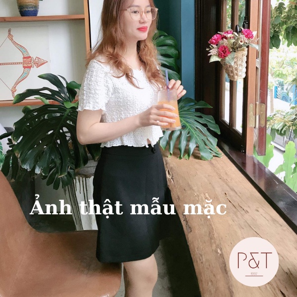Áo cộc tay nữ phối cúc chất xốp nhăn, Áo thun nữ dáng ôm body tay ngắn chất co giãn