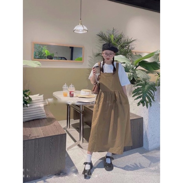 Váy Yếm Bánh Bèo Chất Đũi 3 Màu Đen Nâu Kem Ulzzang Hàn Quốc