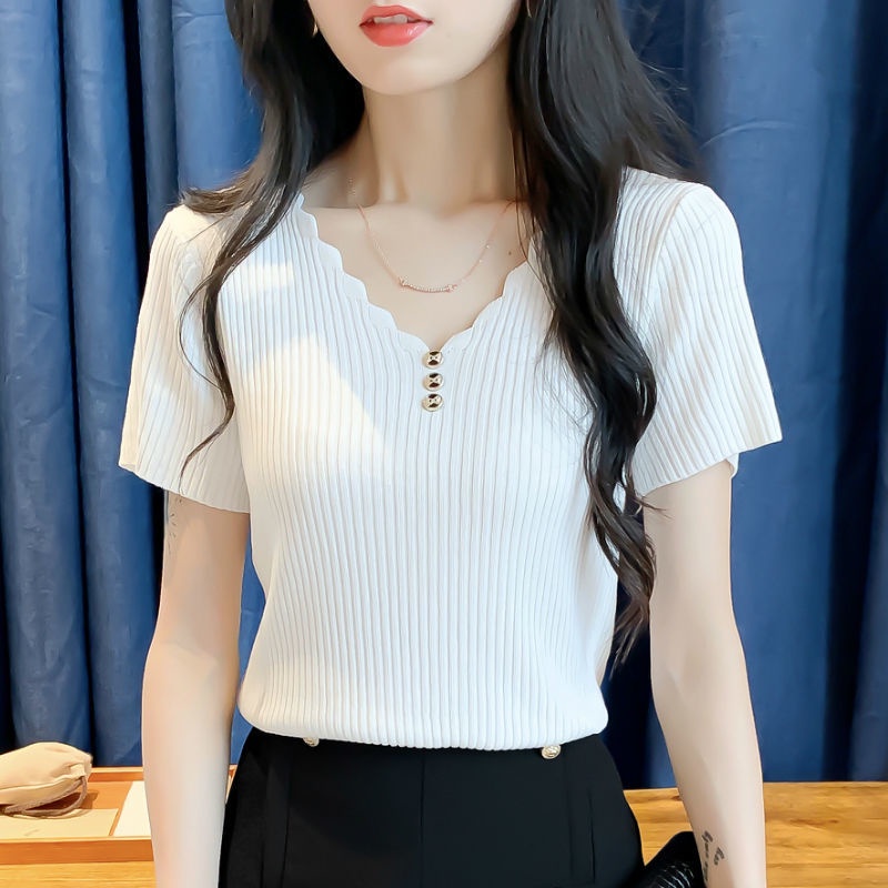 Áo Thun Dệt Kim Tay Ngắn Cổ Chữ V Dáng Rộng Cài Nút Thời Trang Mùa Hè Phong Cách Hàn Quốc Hàng Mới Dành Cho Bạn Nữ 2022
